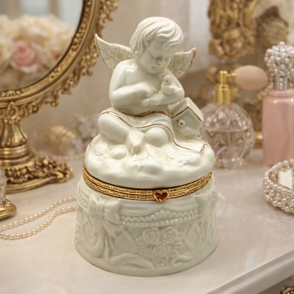 SEI Porcelain Cherub Angel Jewelry Trinket Box Victorian Gothic Style Vintage